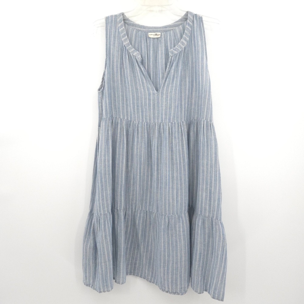 Natural Life Tiered Mini Dress Womens Medium Blue White Striped Sleeveless Boho